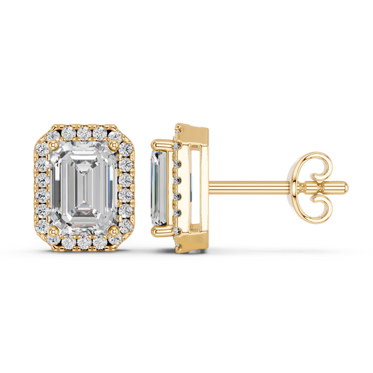 Emerald Cut Lab Diamond Halo Stud in 14K Yellow Gold – side view