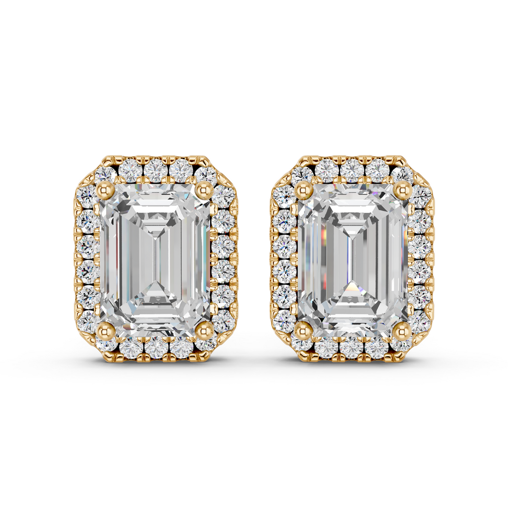 Emerald Cut Lab Diamond Halo Stud in 14K Yellow Gold – top view