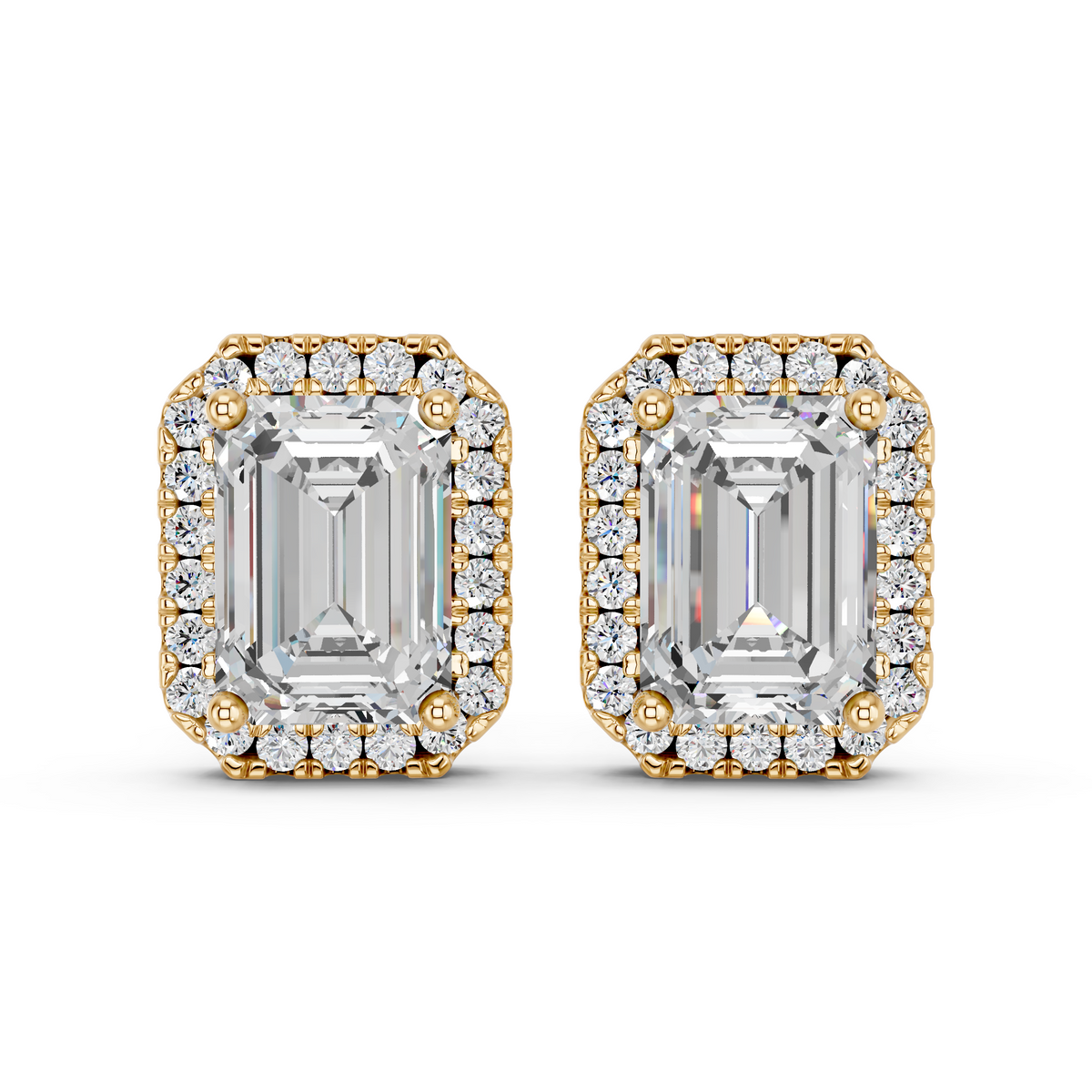 Emerald Cut Lab Diamond Halo Stud in 14K Yellow Gold – top view