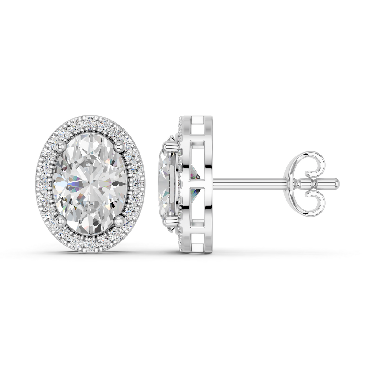Oval Lab Diamond Halo Stud in 14K White Gold – side view