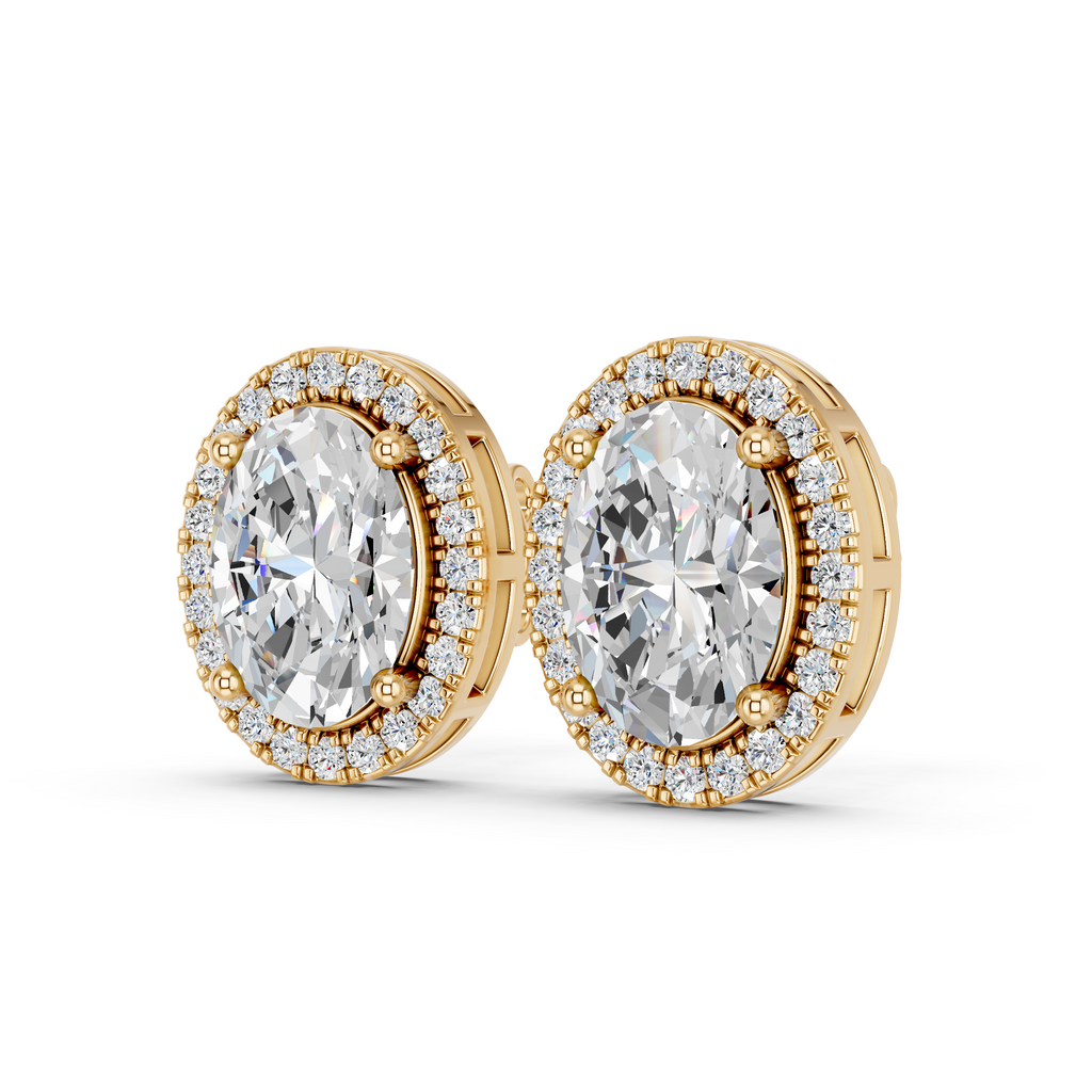 Oval Lab Diamond Halo Stud in 14K Yellow Gold – angled view