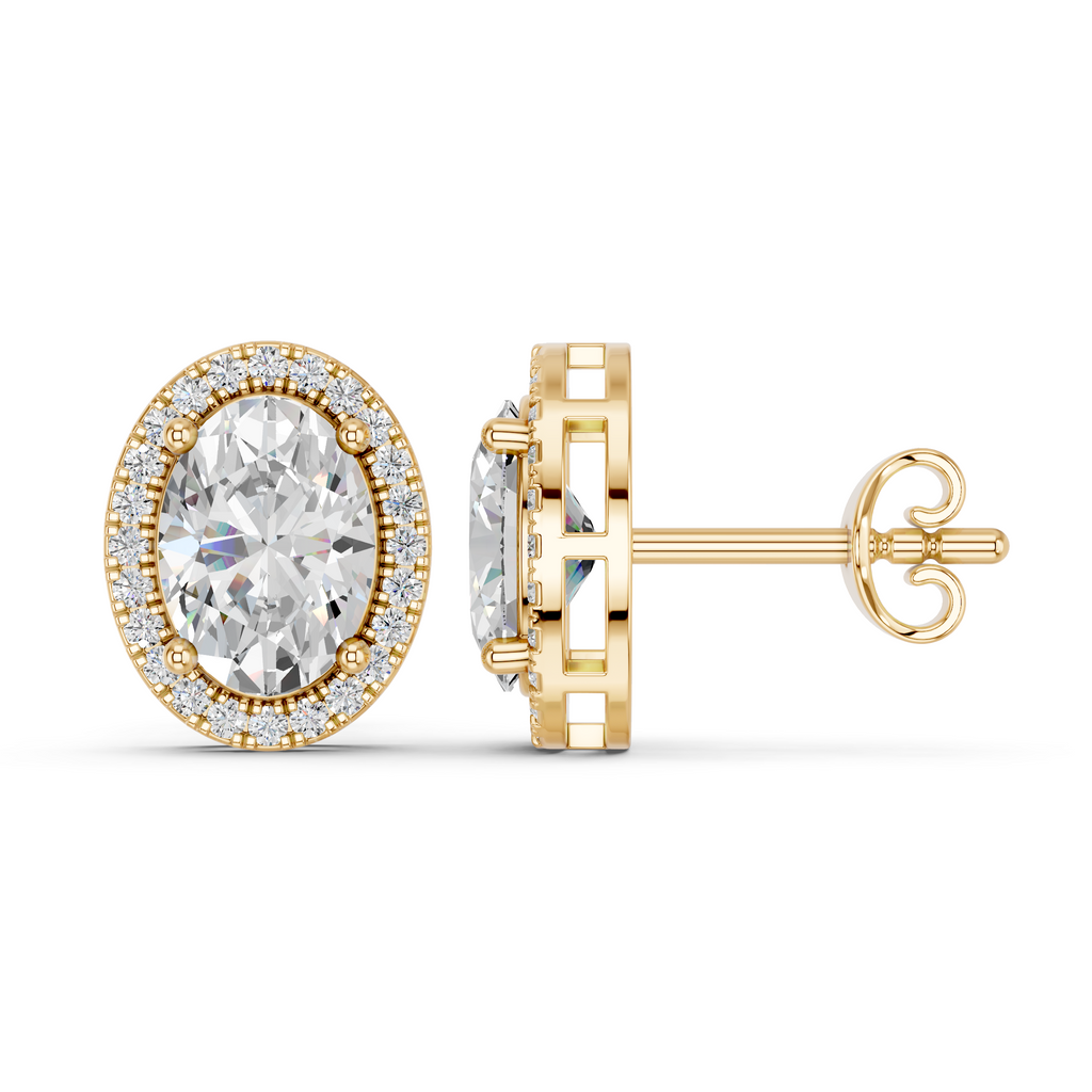 Oval Lab Diamond Halo Stud in 14K Yellow Gold – side view