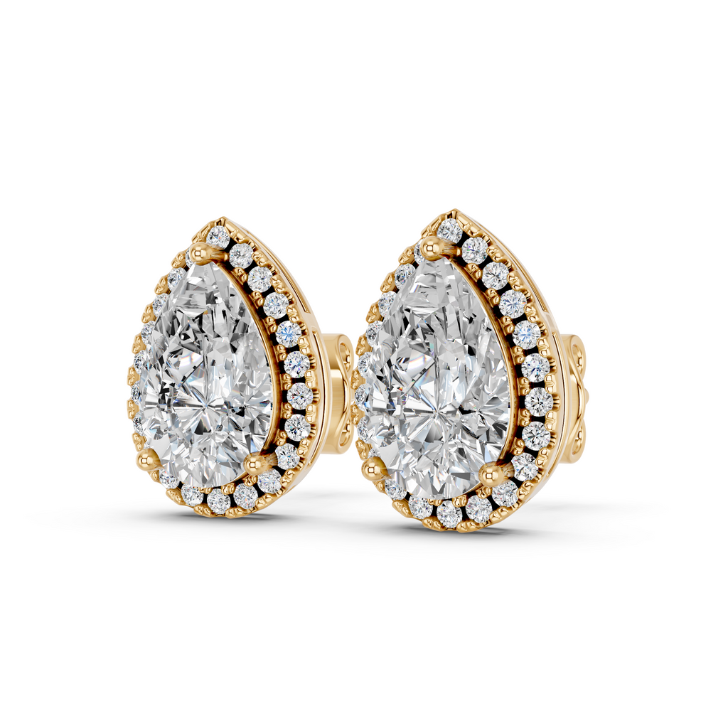 Pear Lab Diamond Halo Stud in 14K Yellow Gold – angled view