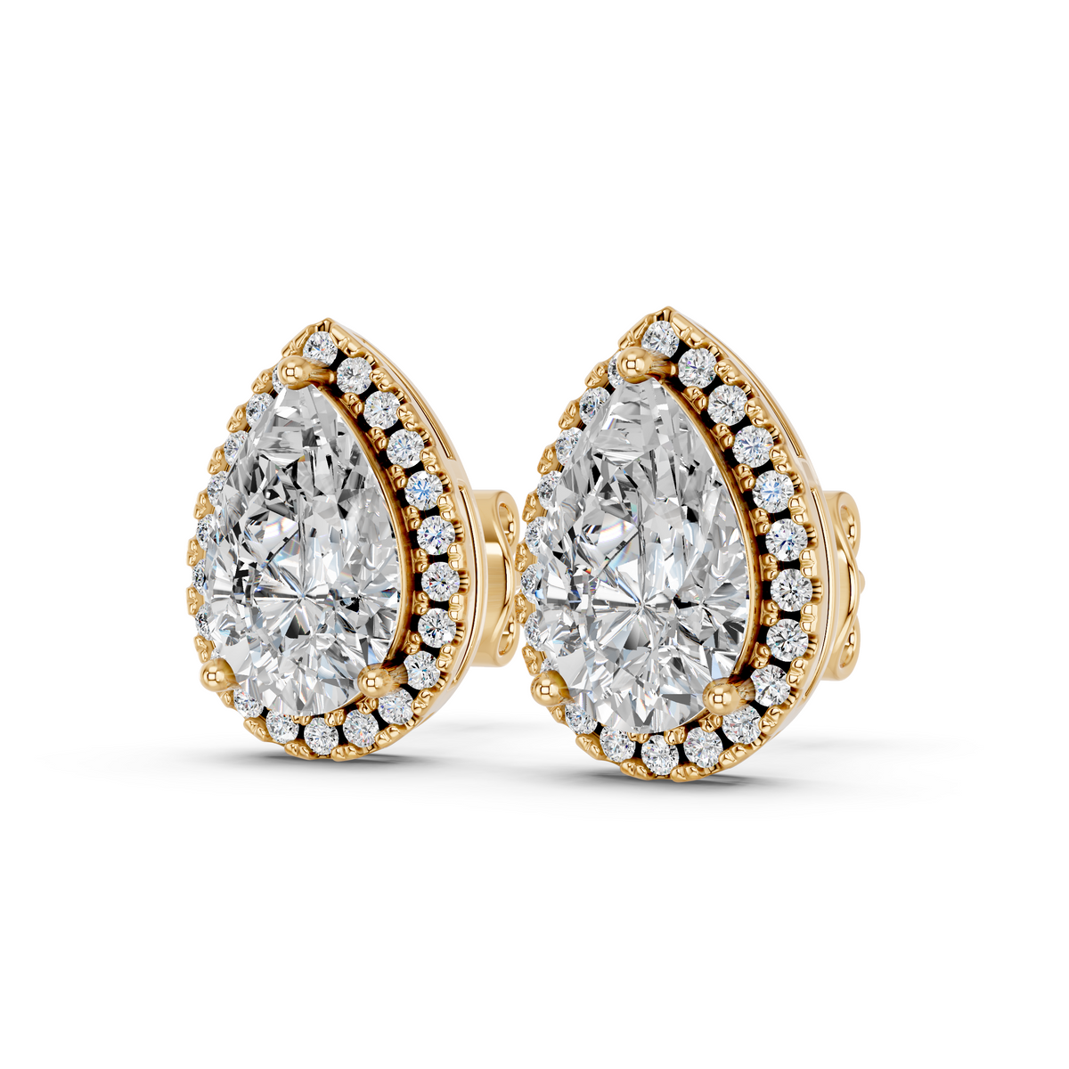Pear Lab Diamond Halo Stud in 14K Yellow Gold – angled view