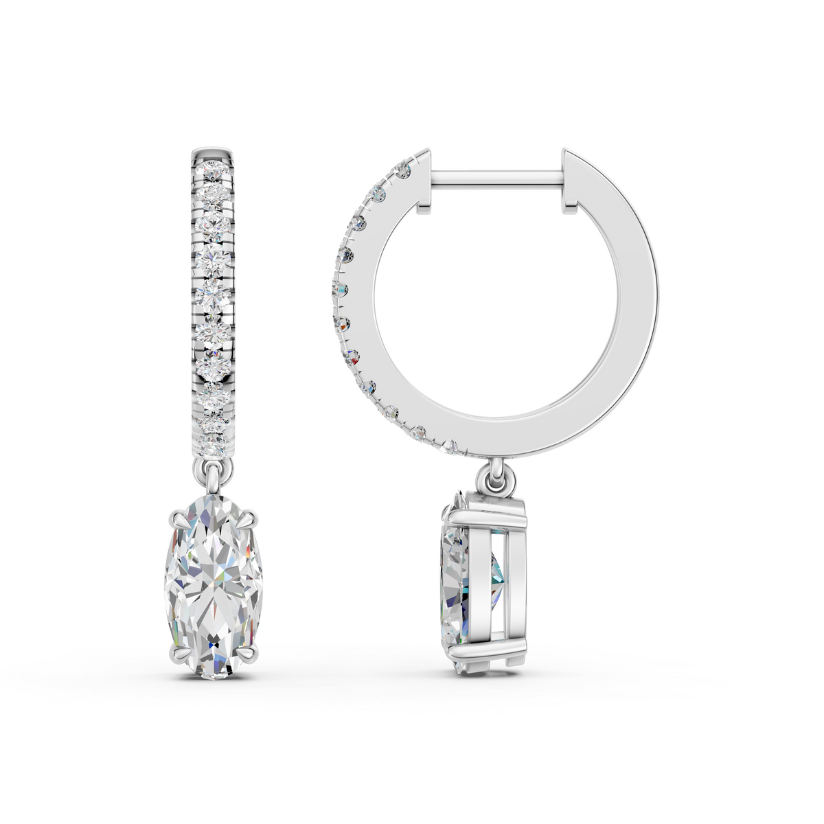 Moval Lab Diamond Dangle Drop Hoop Earring in 14K White Gold – side view