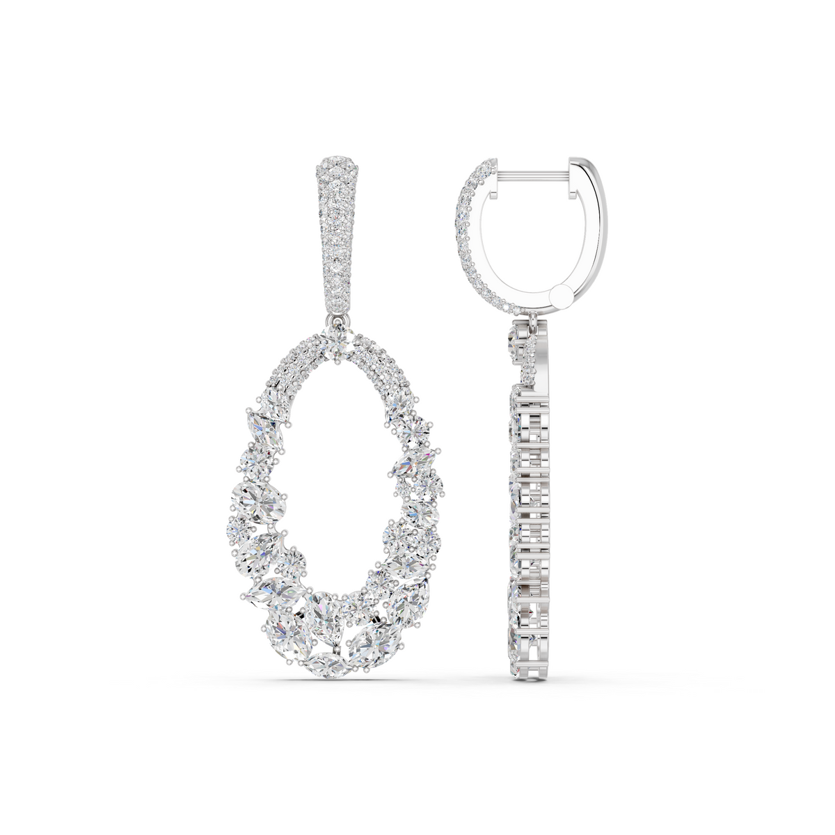 Multi Shapes Lab Diamond Dangle Drop Earring in 14K White Gold – side view
