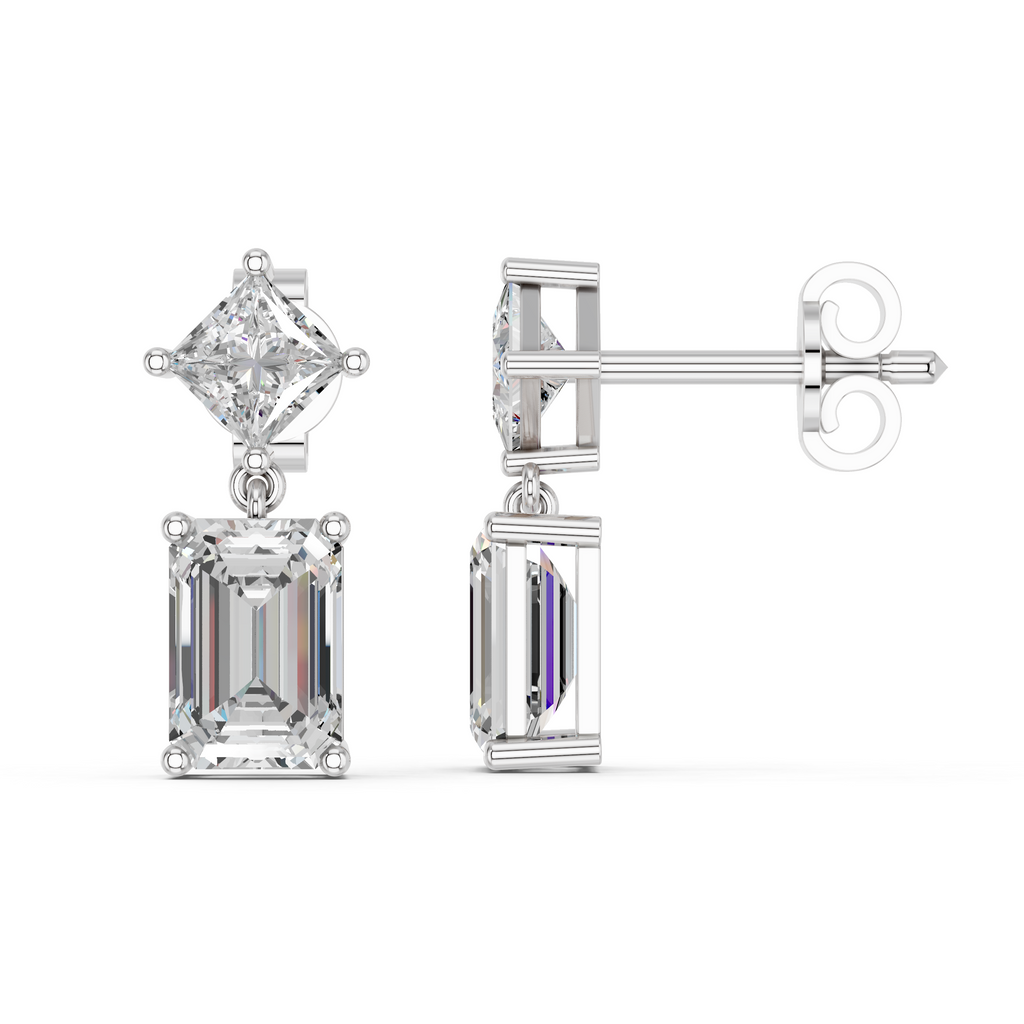 Emerald Cut And Princess Cut Lab Diamond Dangle Drop Earring in 14K White Gold – side view