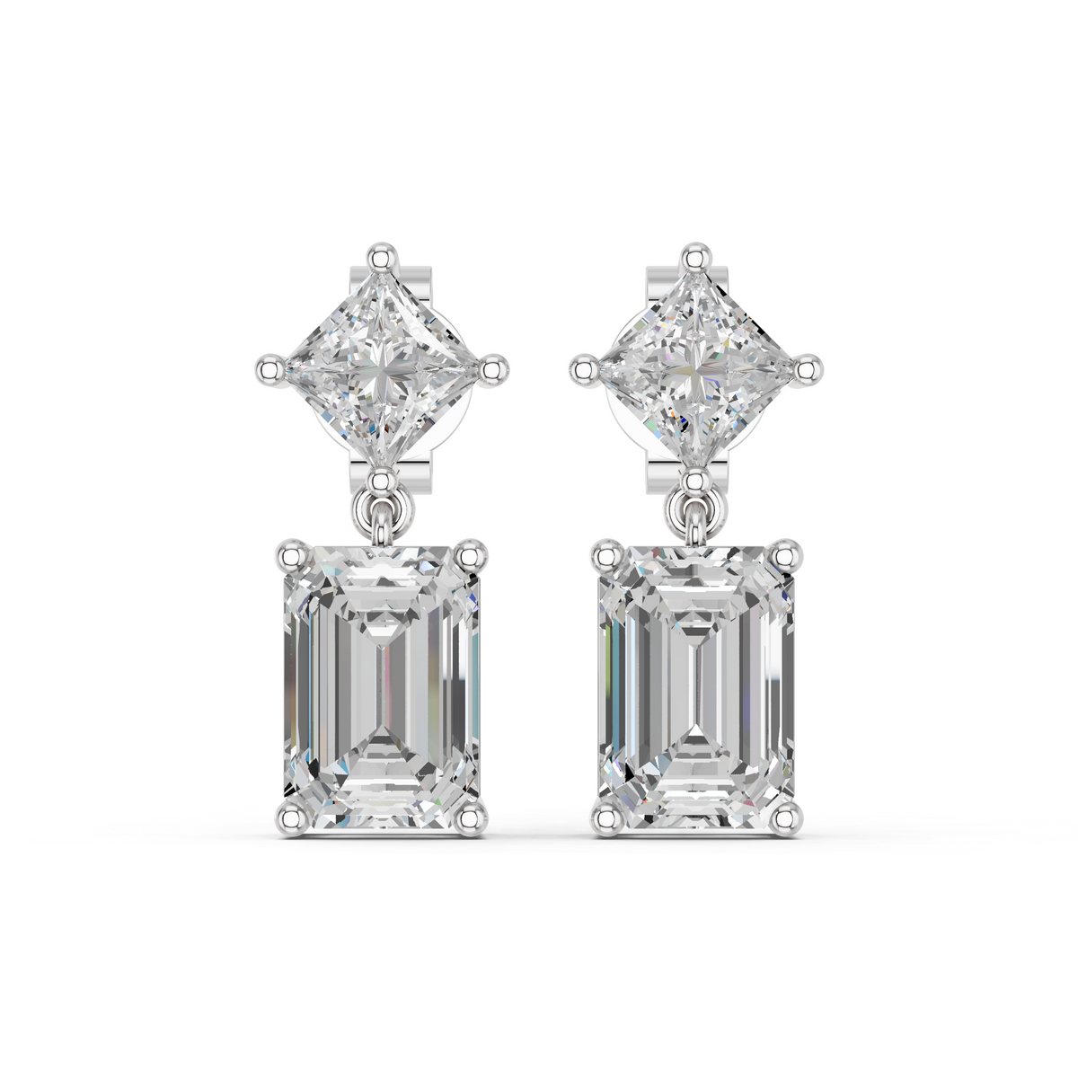Emerald Cut And Princess Cut Lab Diamond Dangle Drop Earring in 14K White Gold – top view