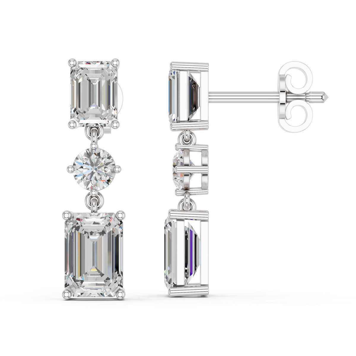 Emerald Cut And Round Lab Diamond Linear Earring in 14K White Gold – side view