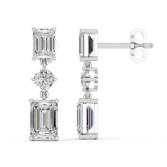 Emerald Cut And Round Lab Diamond Linear Earring in 14K White Gold – side view