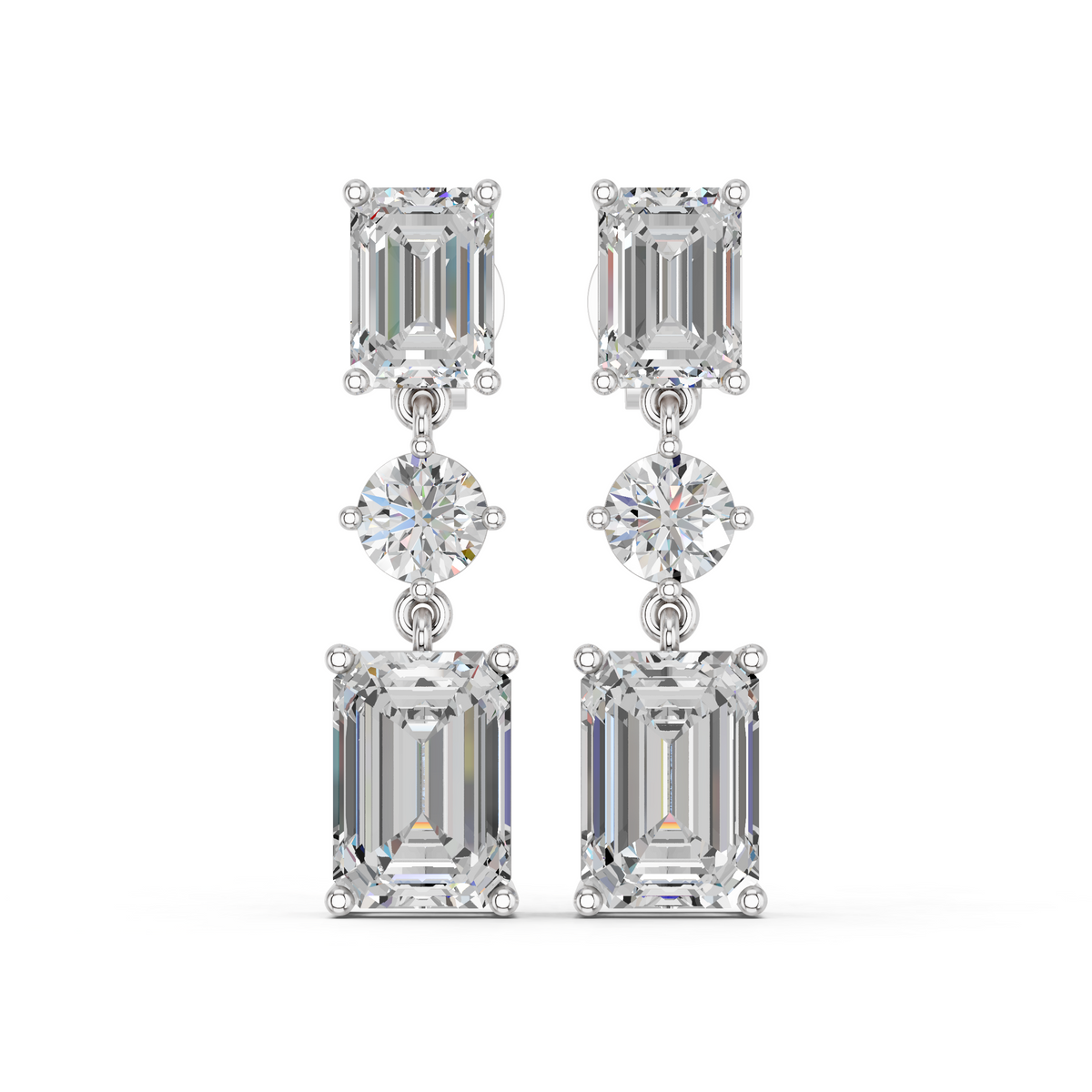 Emerald Cut And Round Lab Diamond Linear Earring in 14K White Gold – top view