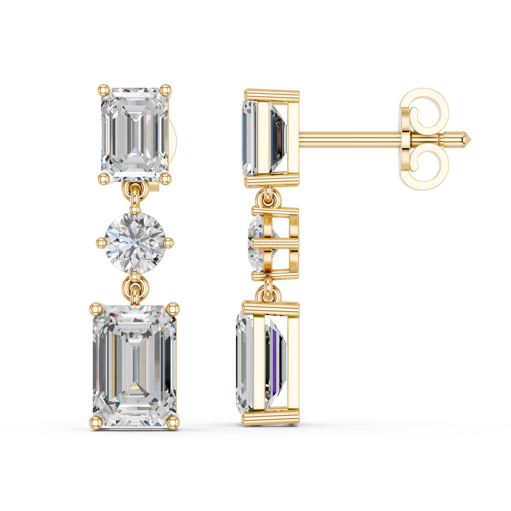 Emerald Cut And Round Lab Diamond Linear Earring in 14K Yellow Gold – side view