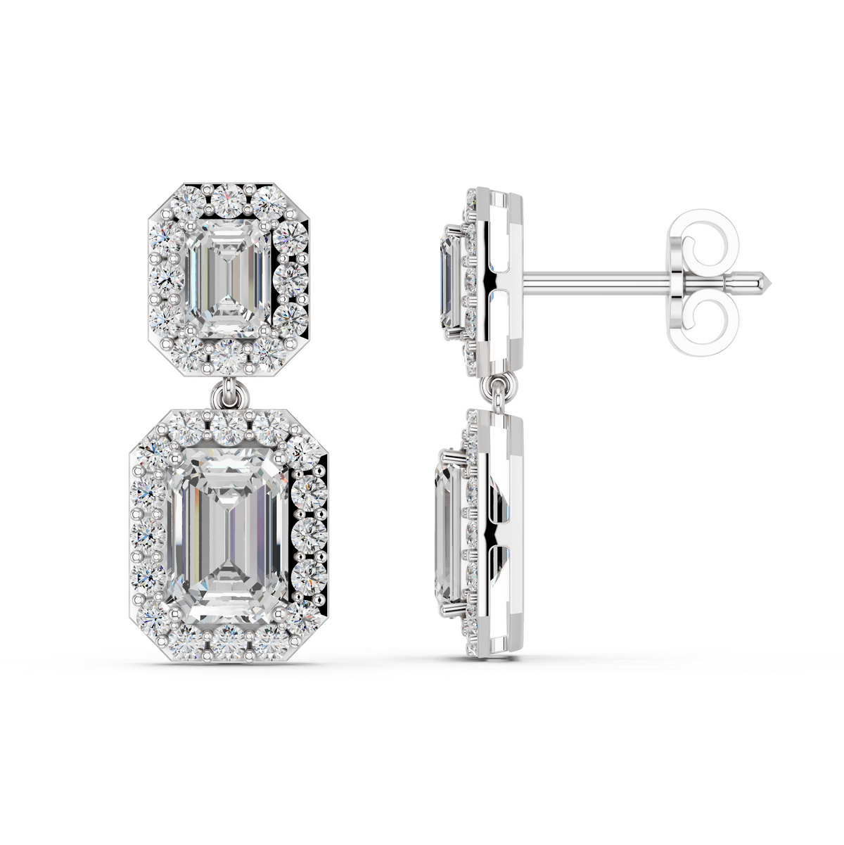 Emerald Cut Dangle Drop Earring in 14K White Gold – side view