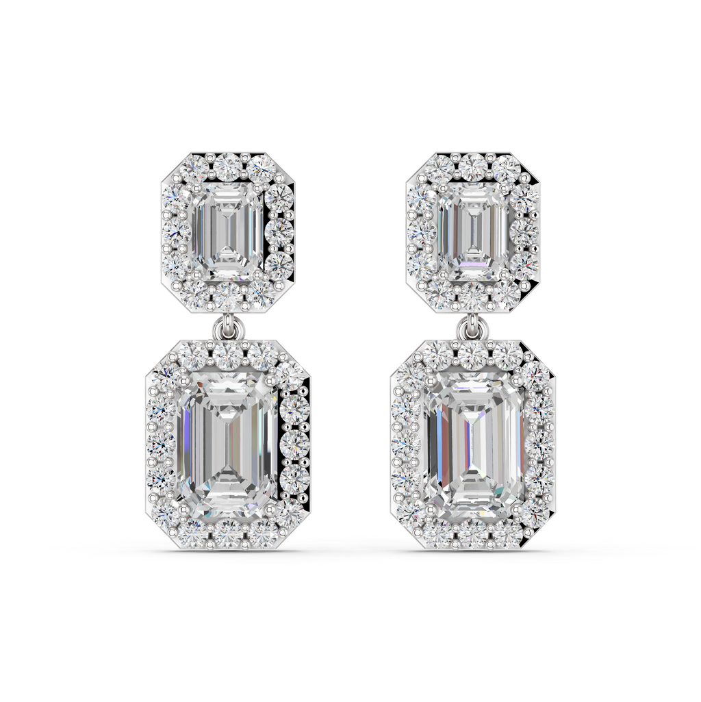 Emerald Cut Dangle Drop Earring in 14K White Gold – top view