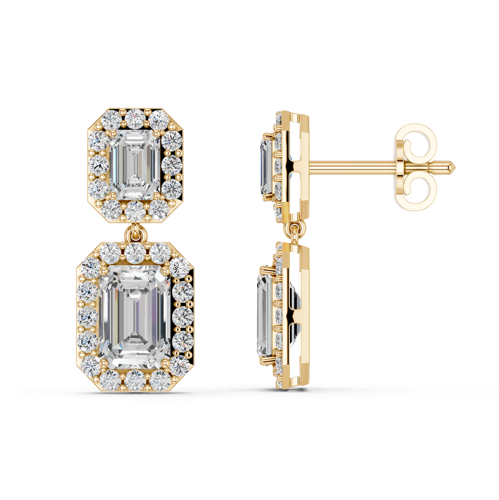 Emerald Cut Dangle Drop Earring in 14K Yellow Gold – side view