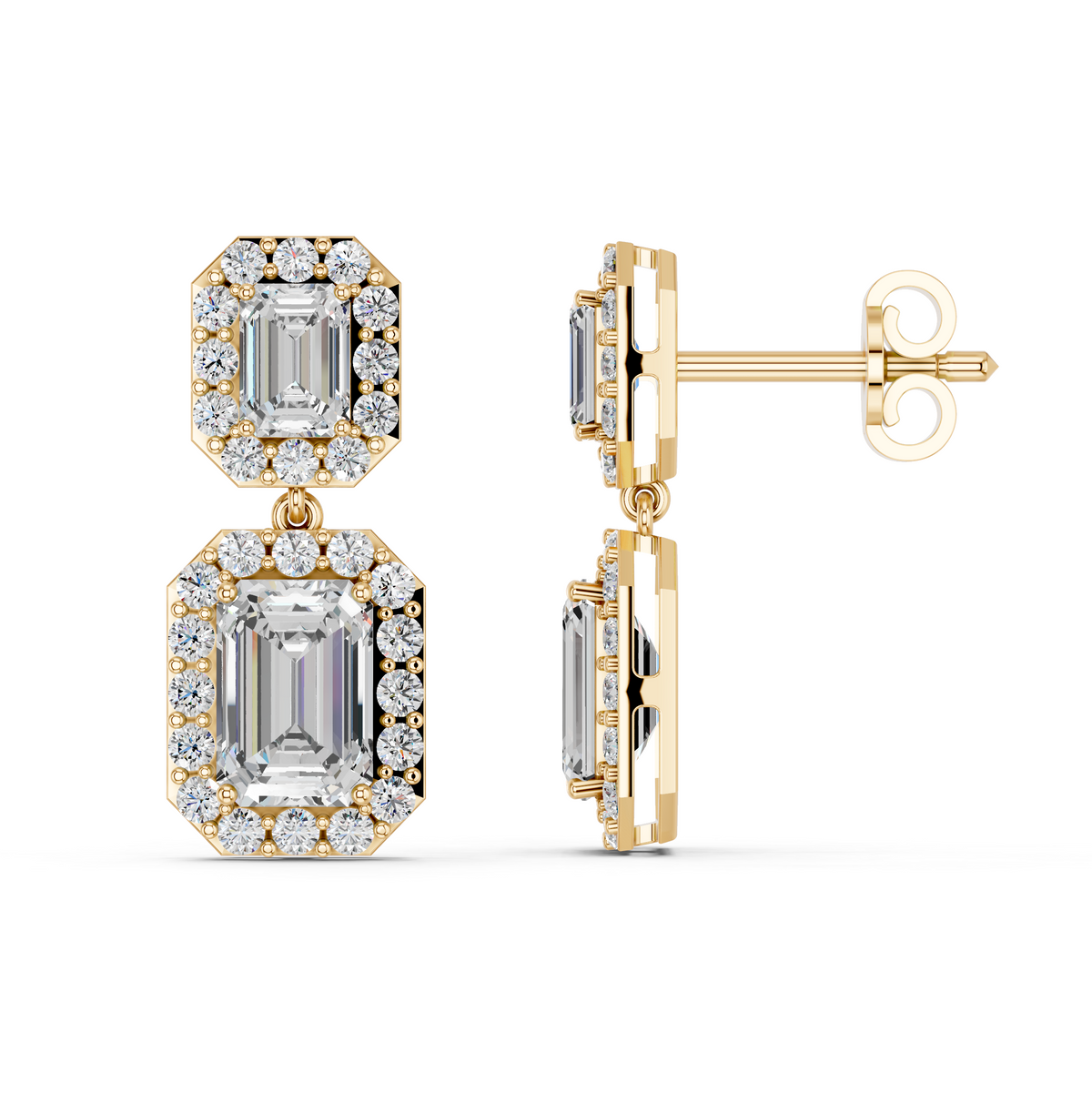 Emerald Cut Dangle Drop Earring in 14K Yellow Gold – side view
