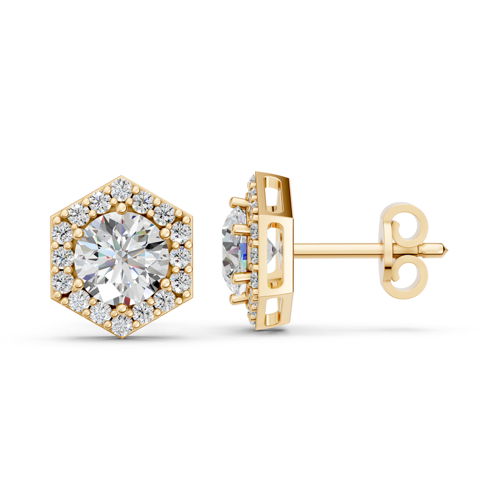 Round Lab Diamond Halo Stud in 14K Yellow Gold – side view