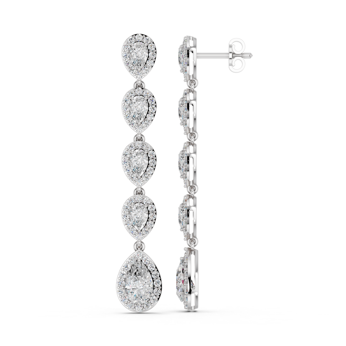 Pear And Round Lab Diamond Linear Earring in 14K White Gold – side view