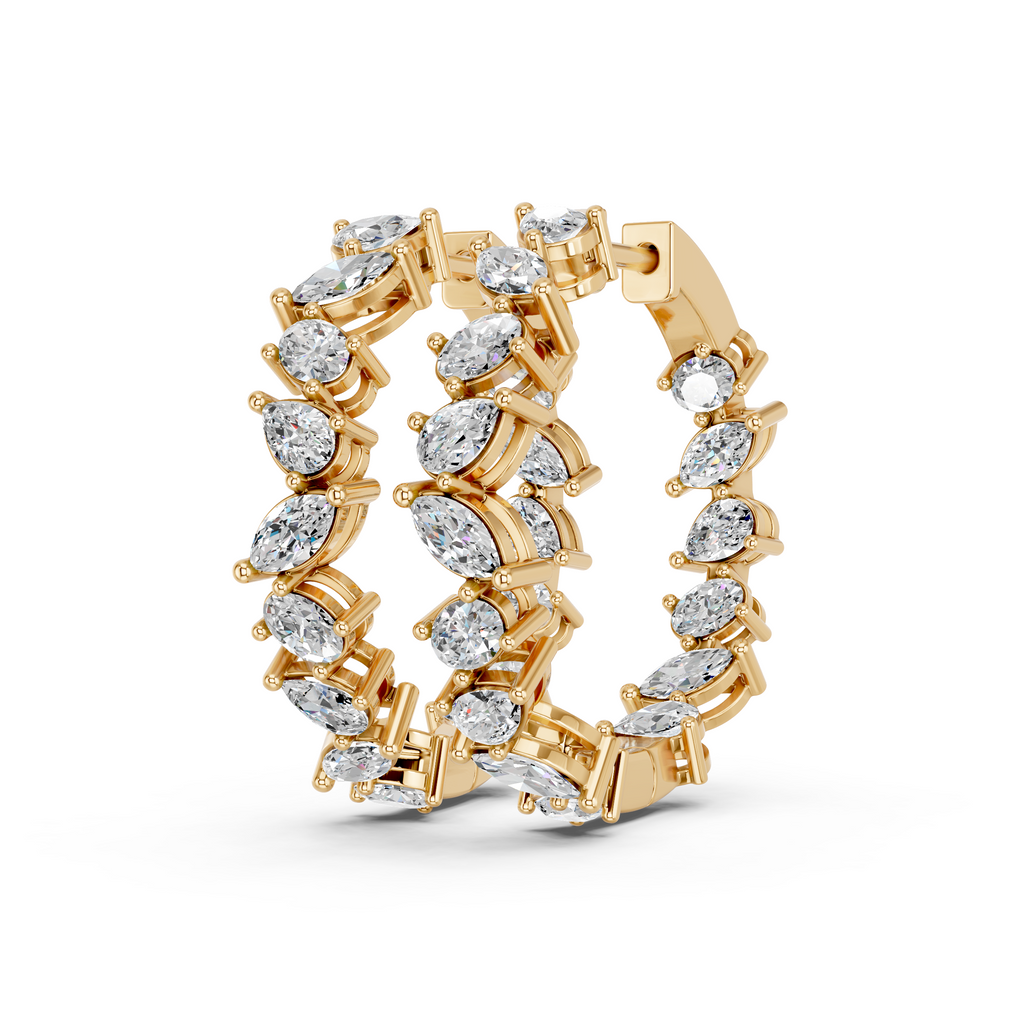 Multi Shape Lab Diamond Inside Out Hoop Earring in 14K Yellow Gold – angled view