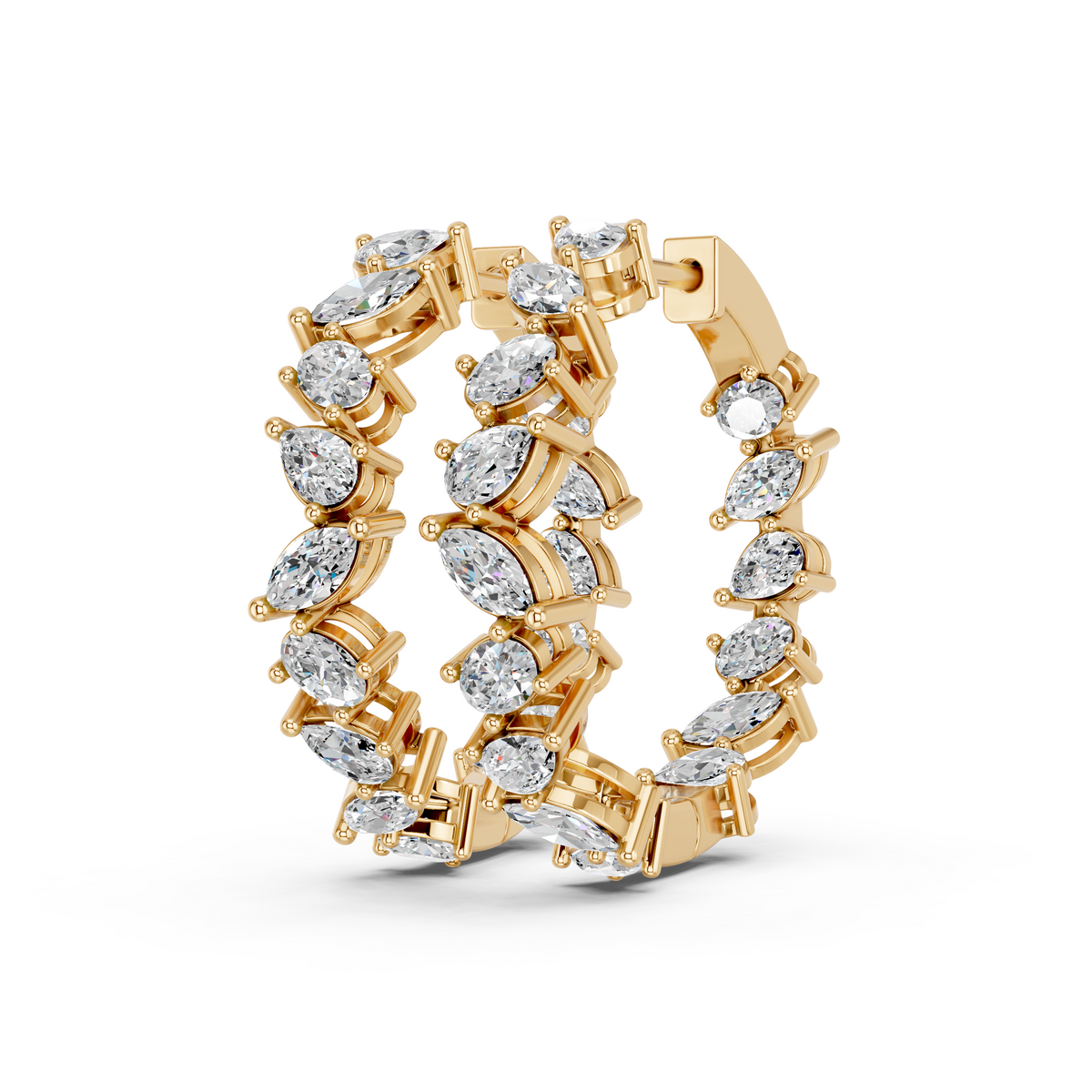 Multi Shape Lab Diamond Inside Out Hoop Earring in 14K Yellow Gold – angled view