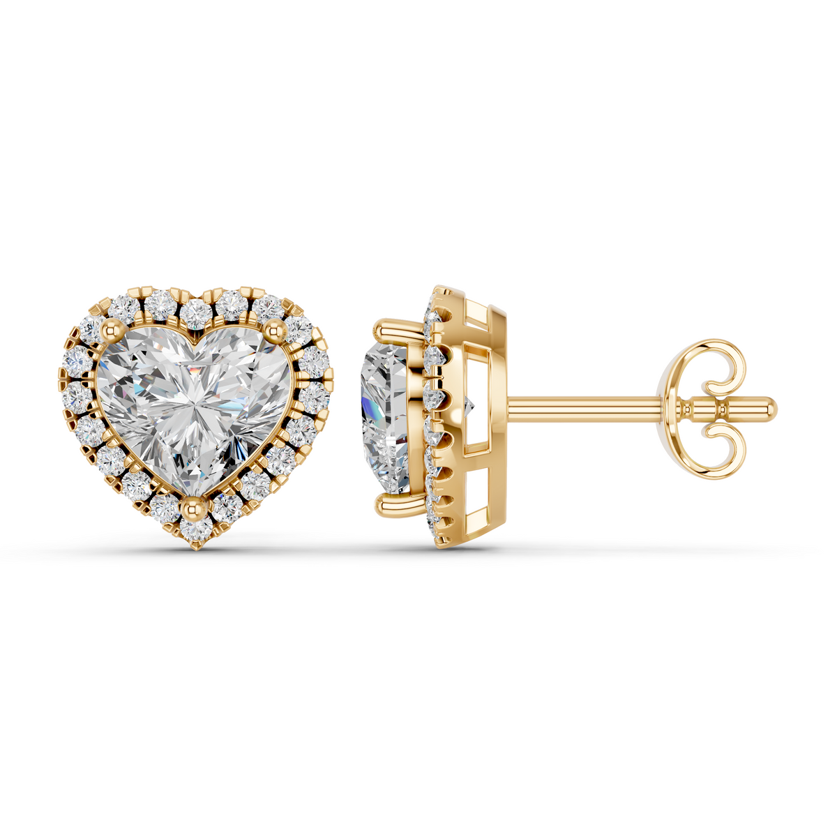 Heart Lab Diamond Halo Stud in 14K Yellow Gold – side view