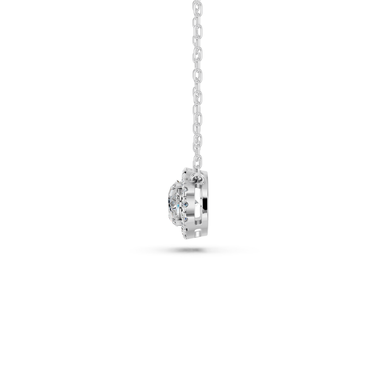 Moval Lab Diamond E-W Halo Necklace in 14K White Gold – side view