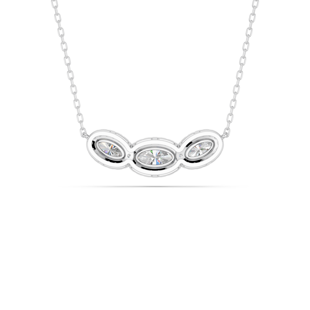 Moval Lab Diamond E-W 3 Stone Halo Necklace in 14K White Gold – back view