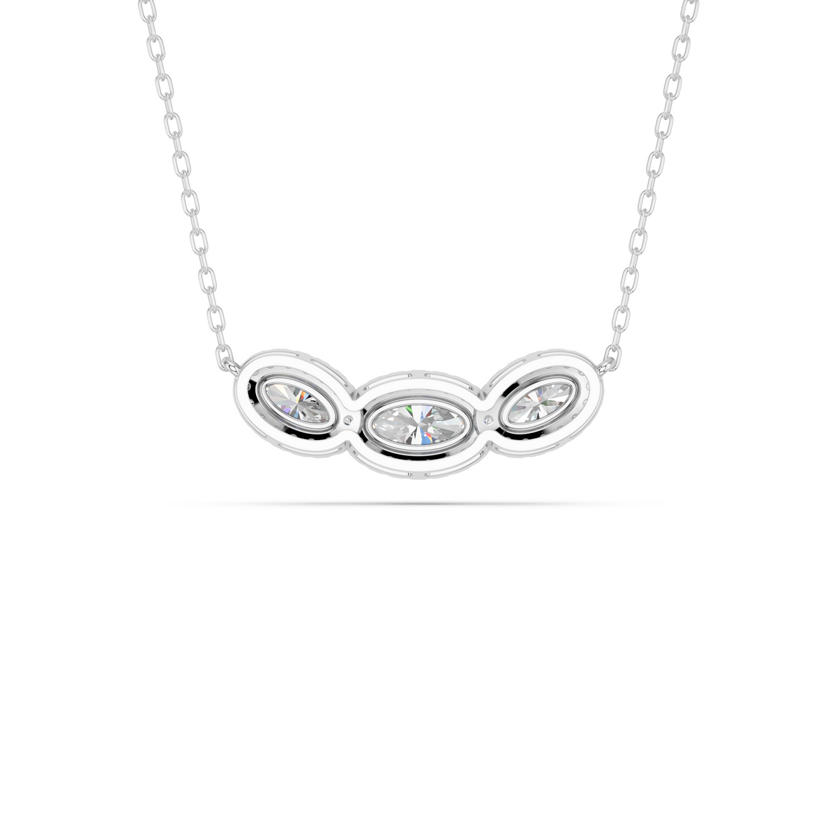 Moval Lab Diamond E-W 3 Stone Halo Necklace in 14K White Gold – back view