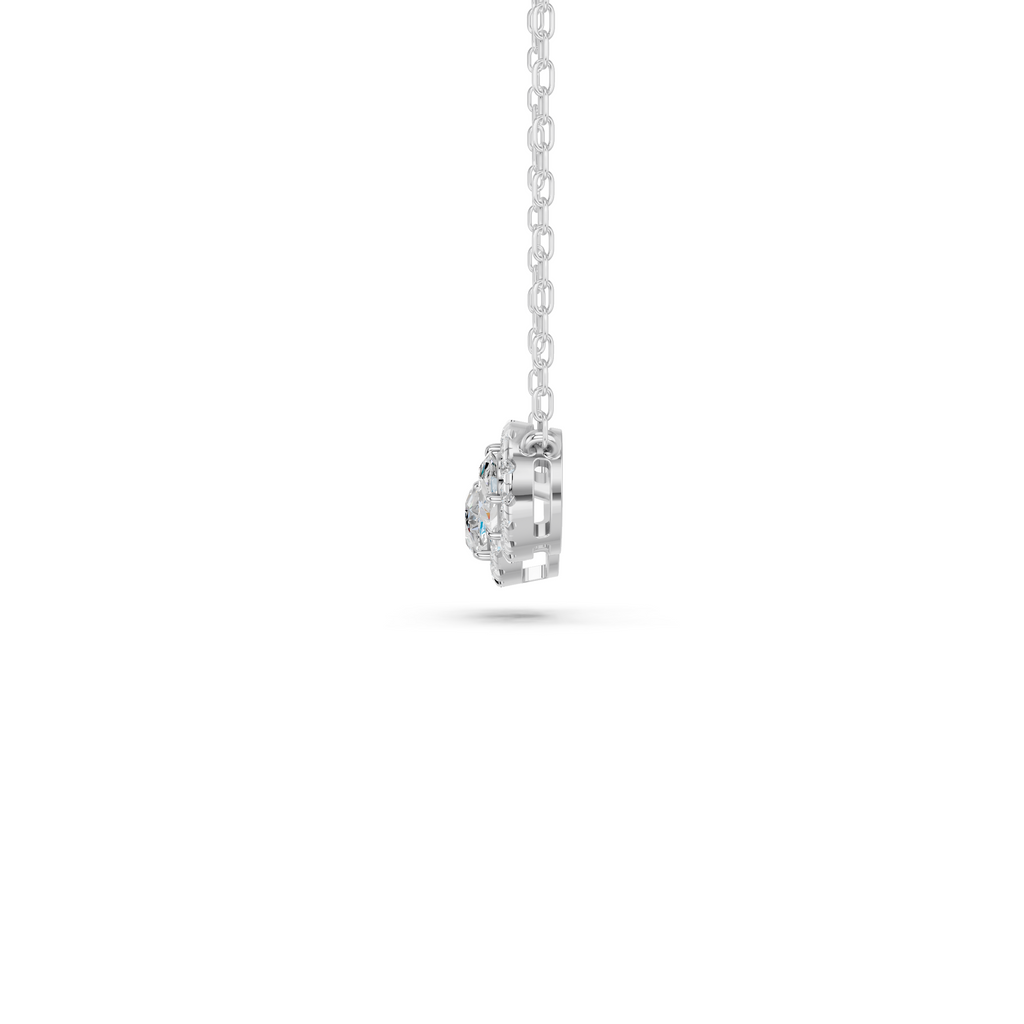 Moval Lab Diamond E-W 3 Stone Halo Necklace in 14K White Gold – side view