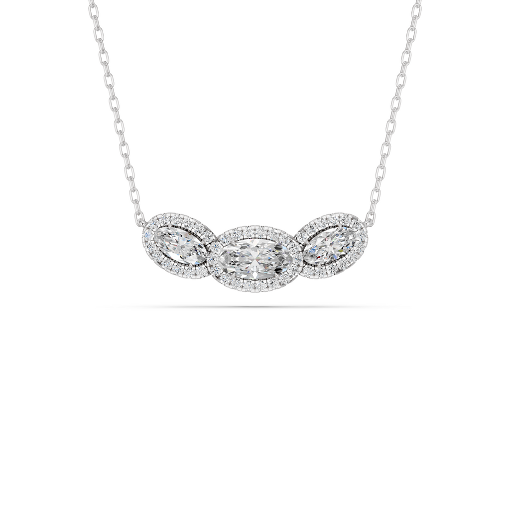 Moval Lab Diamond E-W 3 Stone Halo Necklace in 14K White Gold – top view