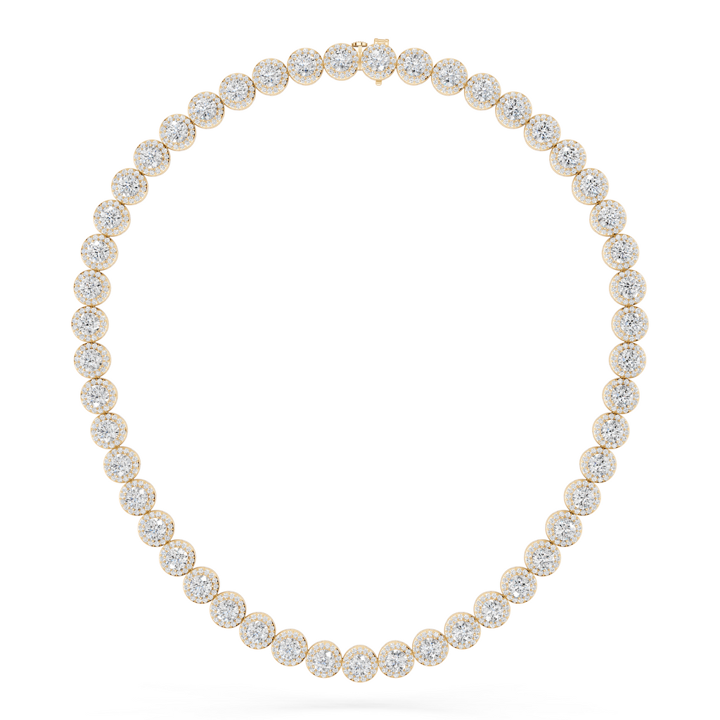 Round Lab Diamond Halo Tennis Necklace in 14K Yellow Gold – top view