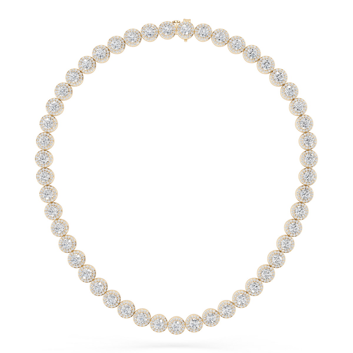 Round Lab Diamond Halo Tennis Necklace in 14K Yellow Gold – top view