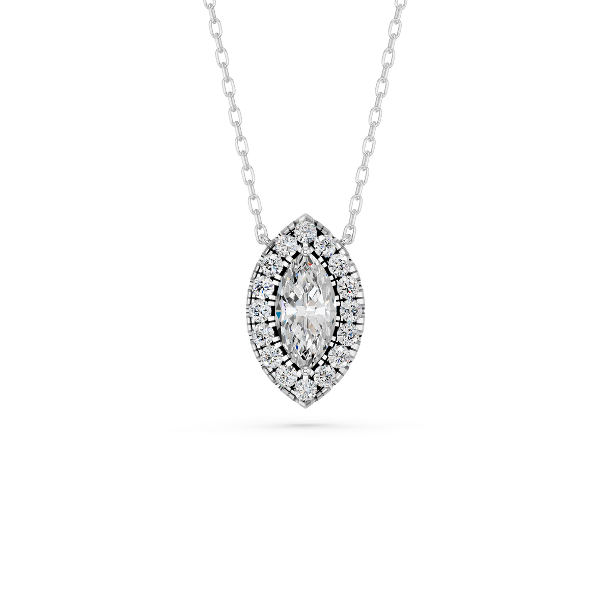 Marquise Lab Diamond Halo Necklace in 14K White Gold – top view