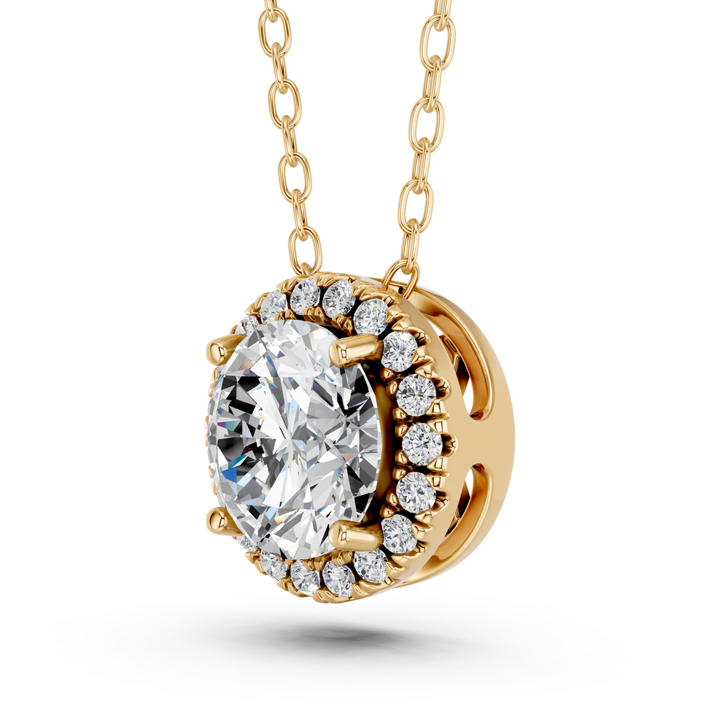 Round Lab Diamond Halo Pendant in 14K Yellow Gold – angled view