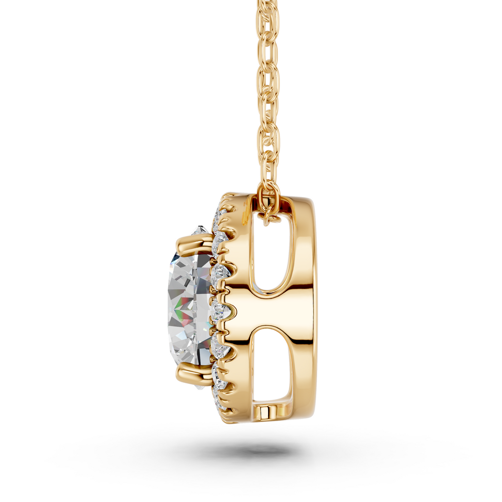 Round Lab Diamond Halo Pendant in 14K Yellow Gold – side view