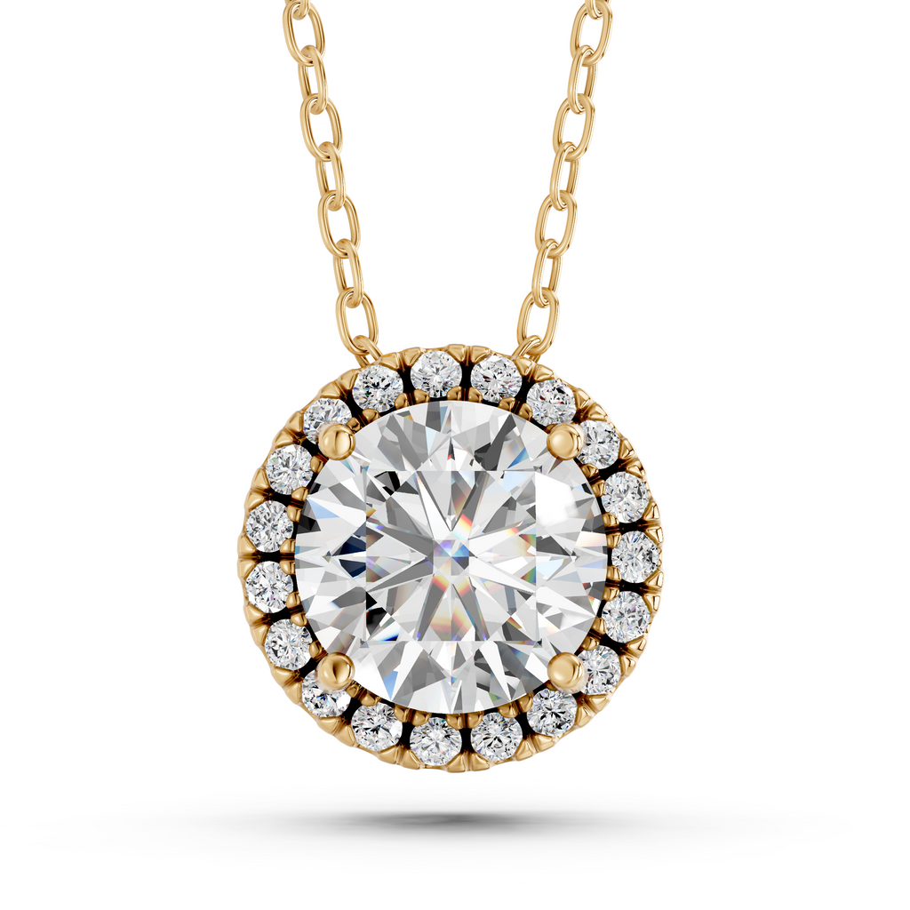 Round Lab Diamond Halo Pendant in 14K Yellow Gold – top view