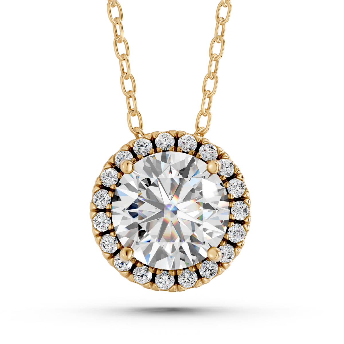 Round Lab Diamond Halo Pendant in 14K Yellow Gold – top view