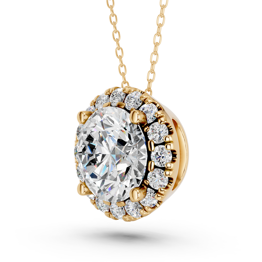 Round Lab Diamond Halo Pendant in 14K Yellow Gold – angled view