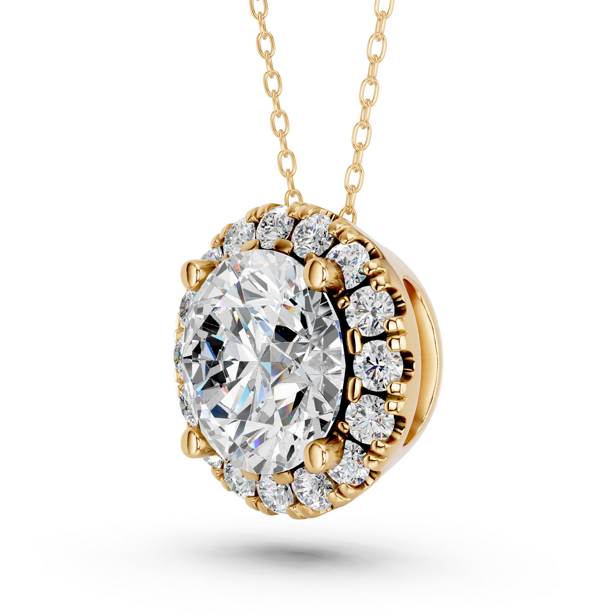 Round Lab Diamond Halo Pendant in 14K Yellow Gold – angled view
