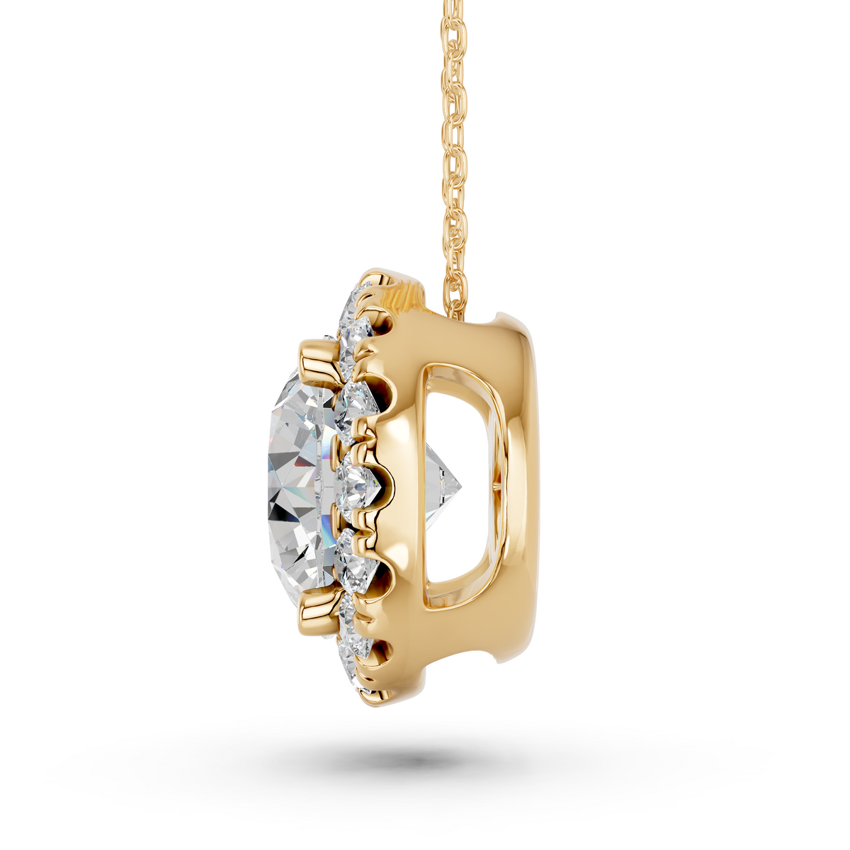 Round Lab Diamond Halo Pendant in 14K Yellow Gold – side view