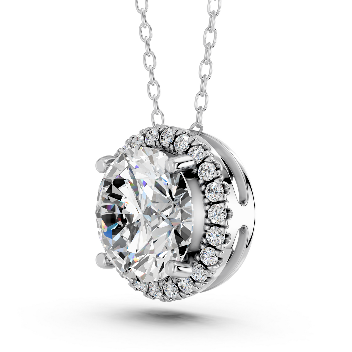 Round Lab Diamond Halo Pendant in 14K White Gold – angled view
