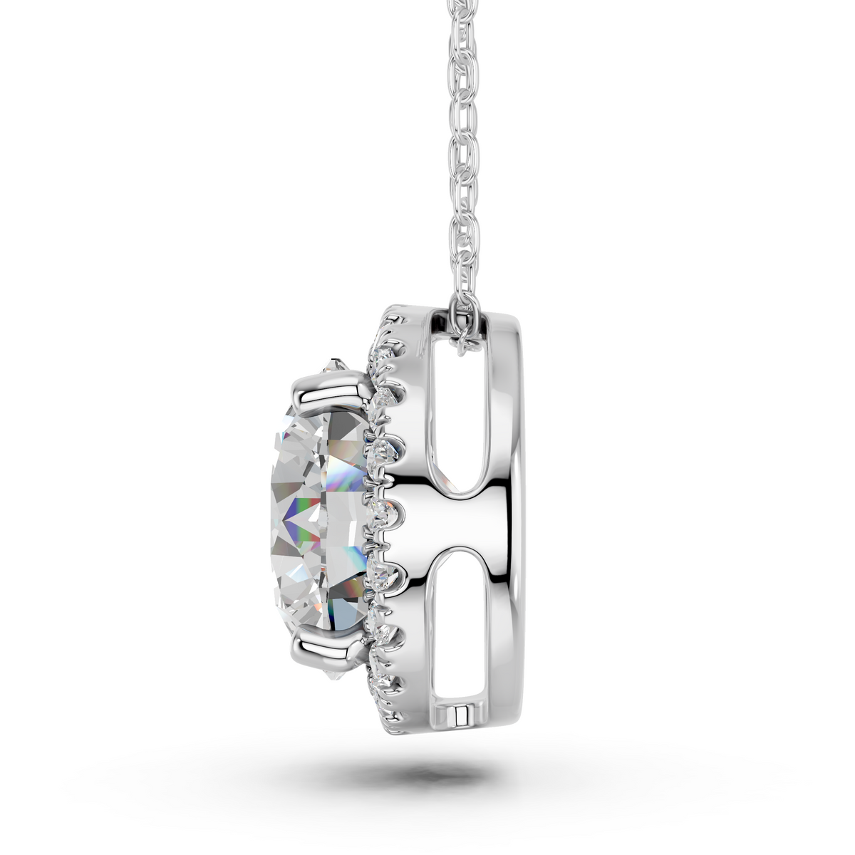 Round Lab Diamond Halo Pendant in 14K White Gold – side view