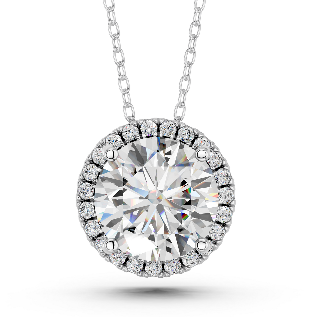 Round Lab Diamond Halo Pendant in 14K White Gold – top view