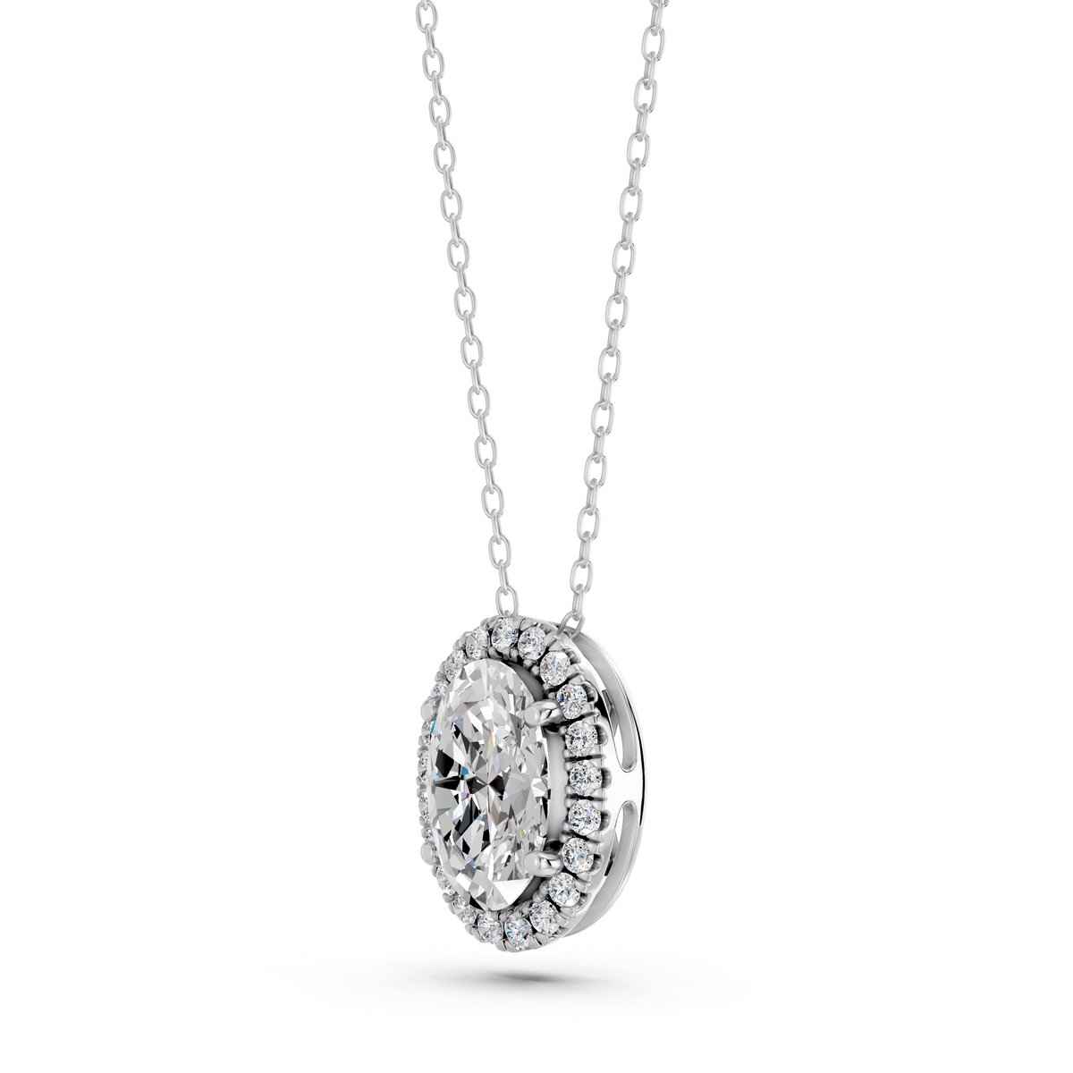 Oval Lab Diamond Halo Pendant in 14K White Gold – angled view