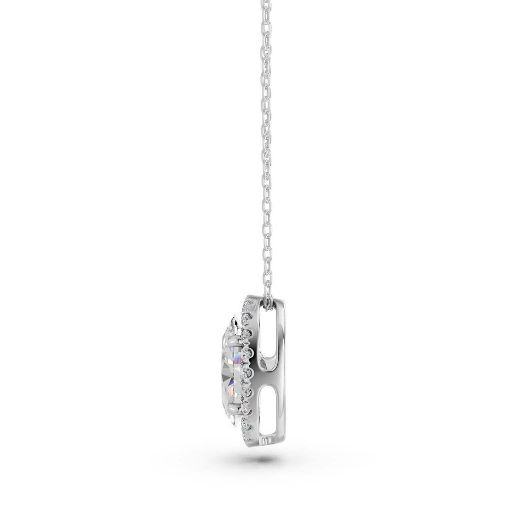 Oval Lab Diamond Halo Pendant in 14K White Gold – side view