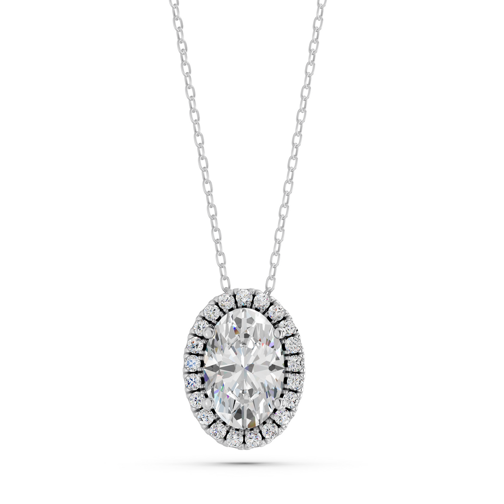 Oval Lab Diamond Halo Pendant in 14K White Gold – top view