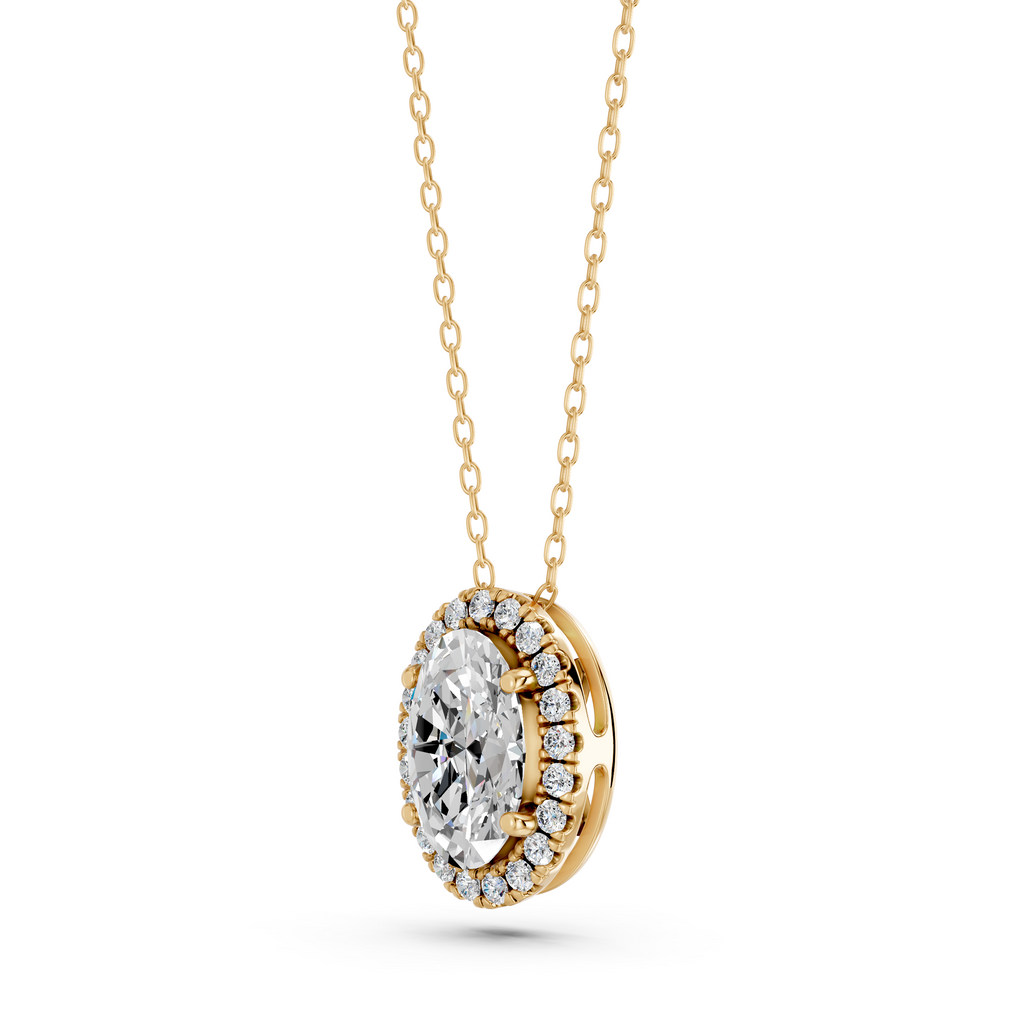 Oval Lab Diamond Halo Pendant in 14K Yellow Gold – angled view