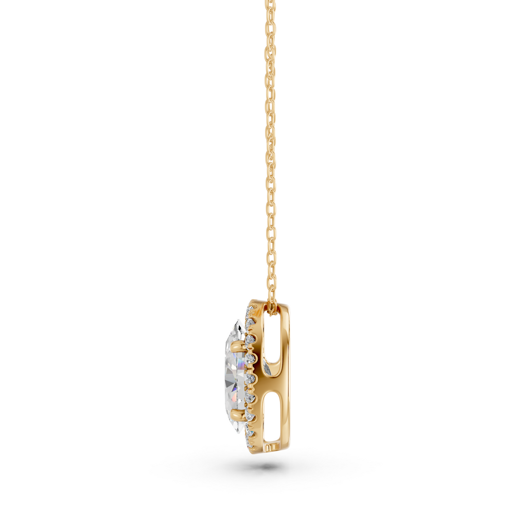 Oval Lab Diamond Halo Pendant in 14K Yellow Gold – side view