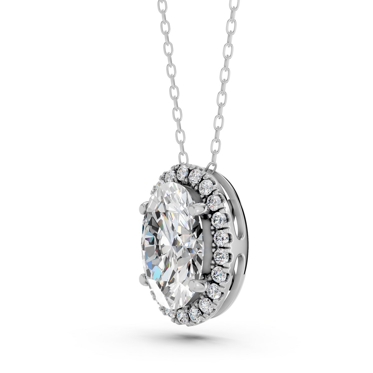 Oval Lab Diamond Halo Pendant in 14K White Gold – angled view