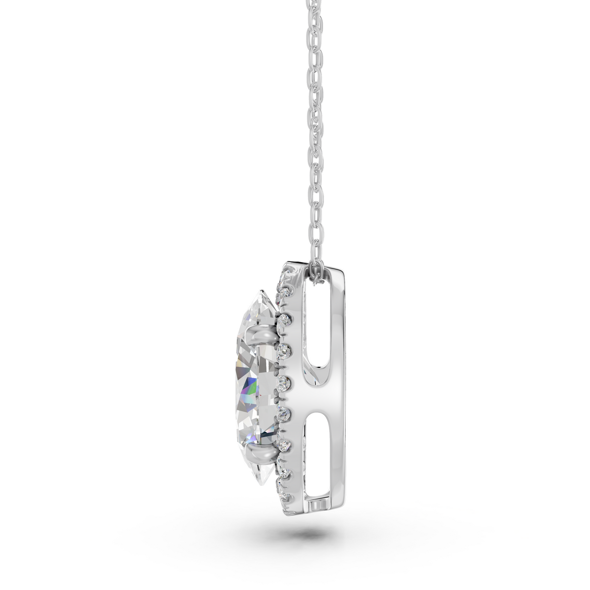 Oval Lab Diamond Halo Pendant in 14K White Gold – side view
